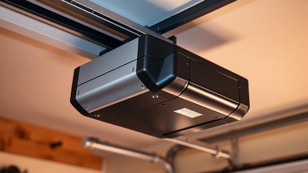 Garage door opener motor unit mounted on ceiling for troubleshooting