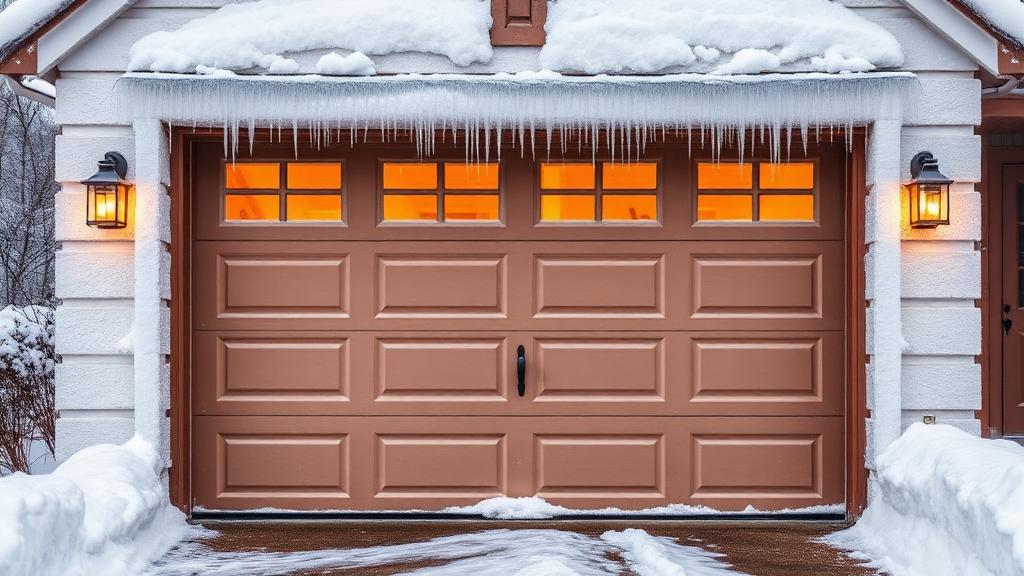 Garage door covered in winter snow and ice in Connecticut